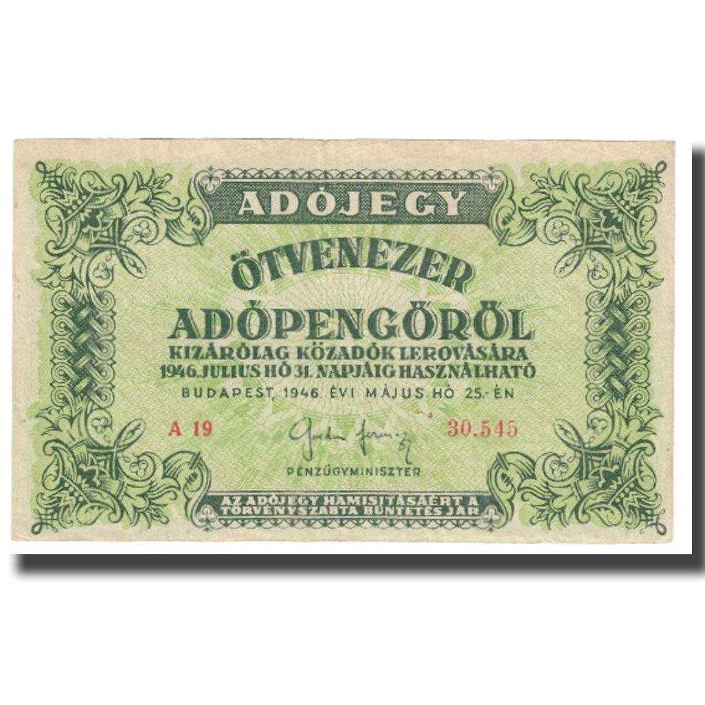 Billet, Hongrie, 50,000 (Ötvenezer) Adópengö, 1946, 1946-05-25, KM:138b, SUP