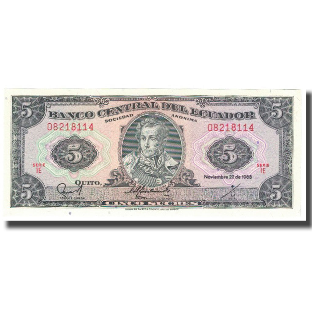 Banknot, Ekwador, 5 Sucres, 1988, 1988-11-22, KM:108b, UNC(65-70)