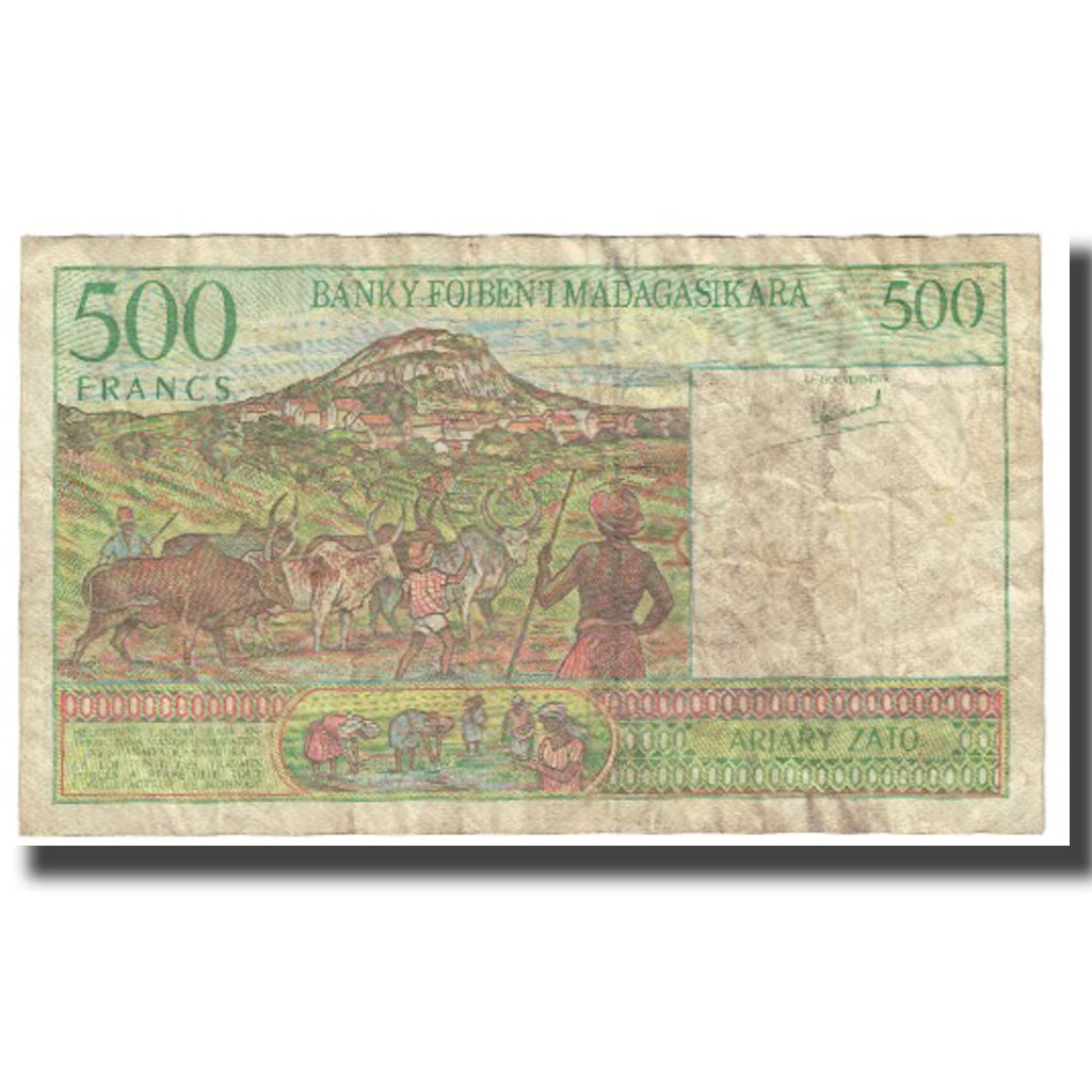 Nota, Madagáscar, 500 Francs = 100 Ariary, KM:75a, VF(20-25)