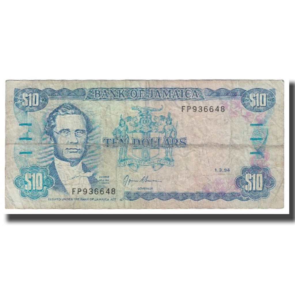 Biljet, Jamaica, 10 Dollars, 1994, 1994-03-01, KM:71d, TB
