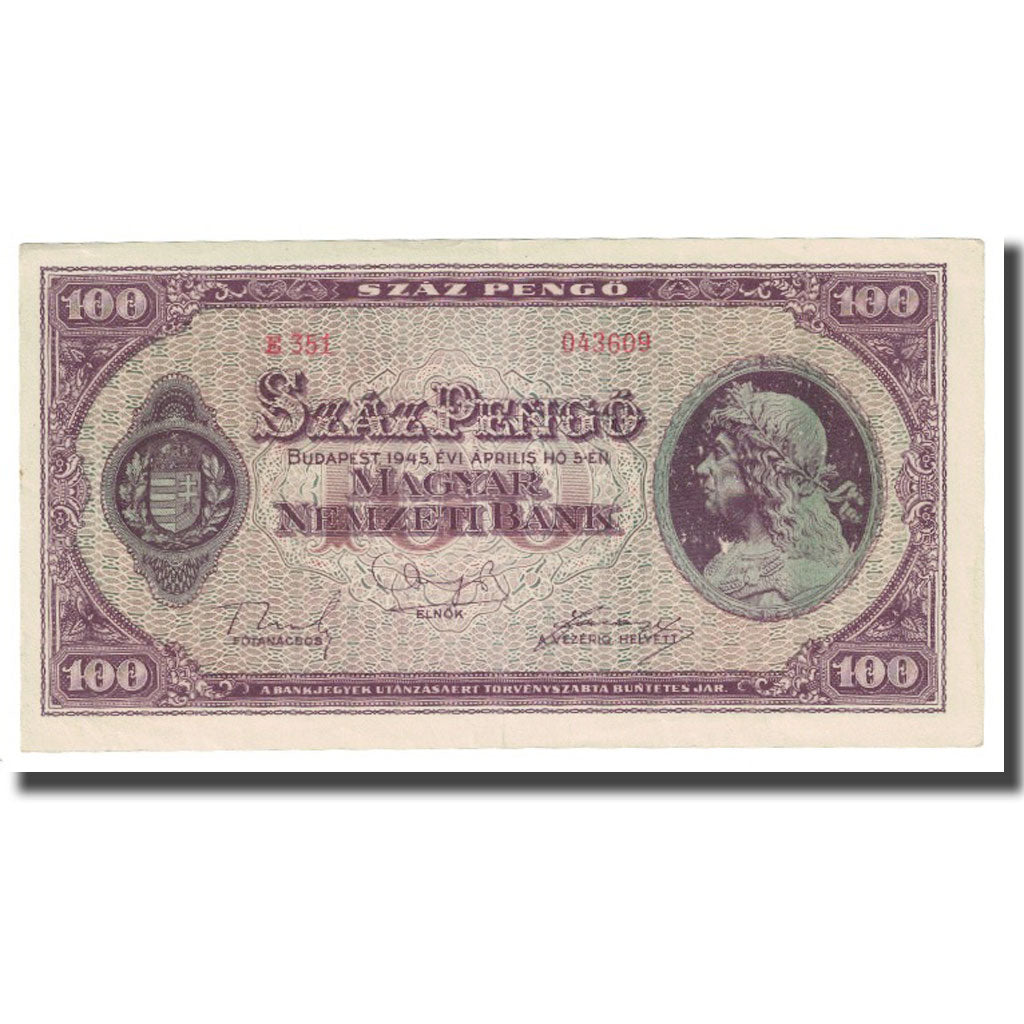 Banknote, Hungary, 100 Pengö, 1945, 1945-04-05, KM:111b, AU(55-58)