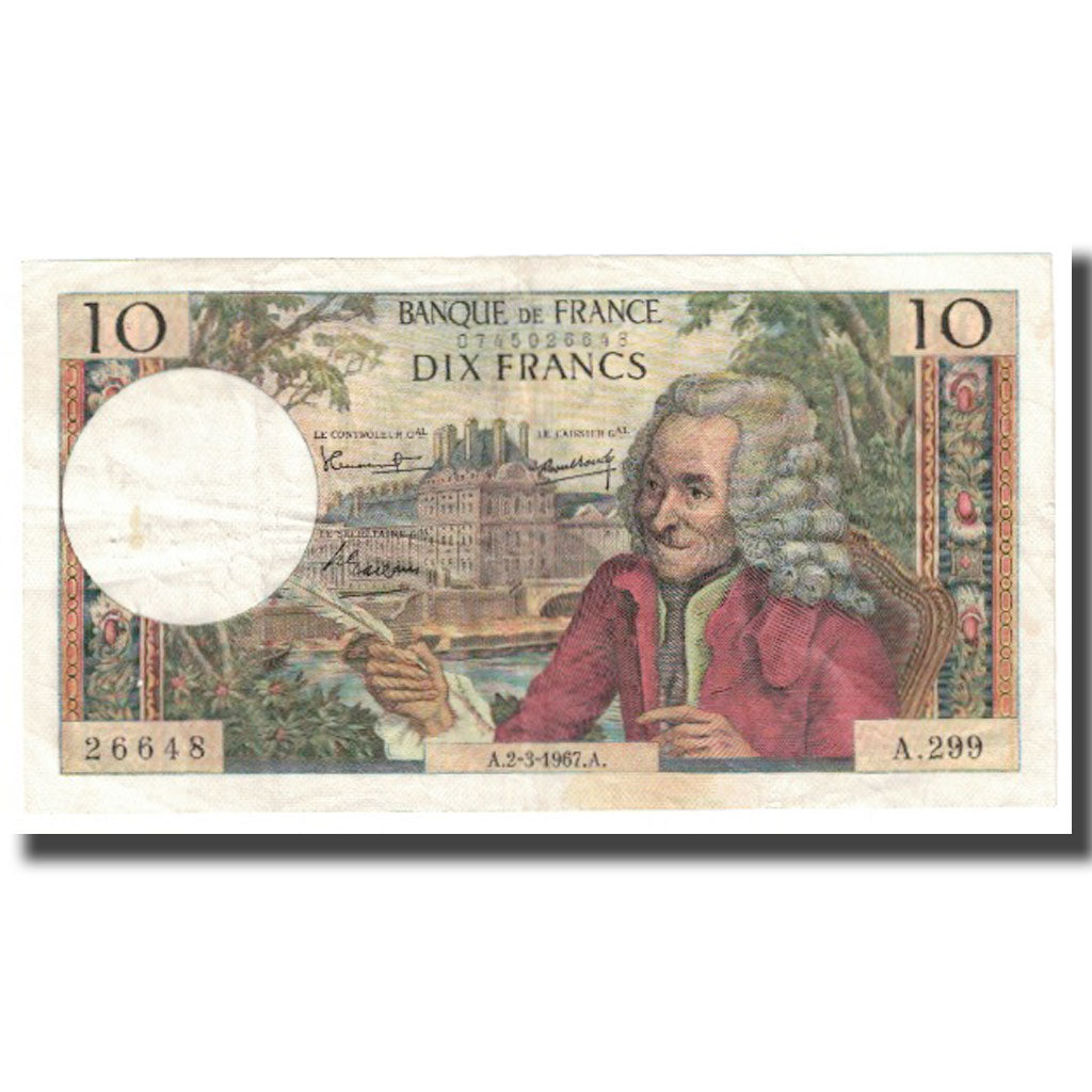 Francja, 10 Francs, Voltaire, 1967, 1967-03-02, EF(40-45), Fayette:62.25