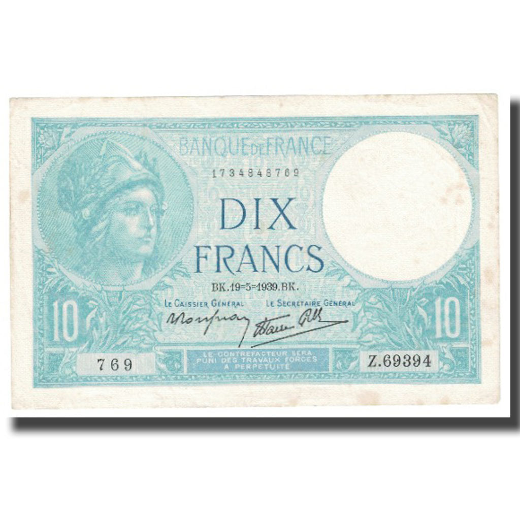 France, 10 Francs, Minerve, 1939, 1939-05-19, EF(40-45), Fayette:7.3, KM:73e