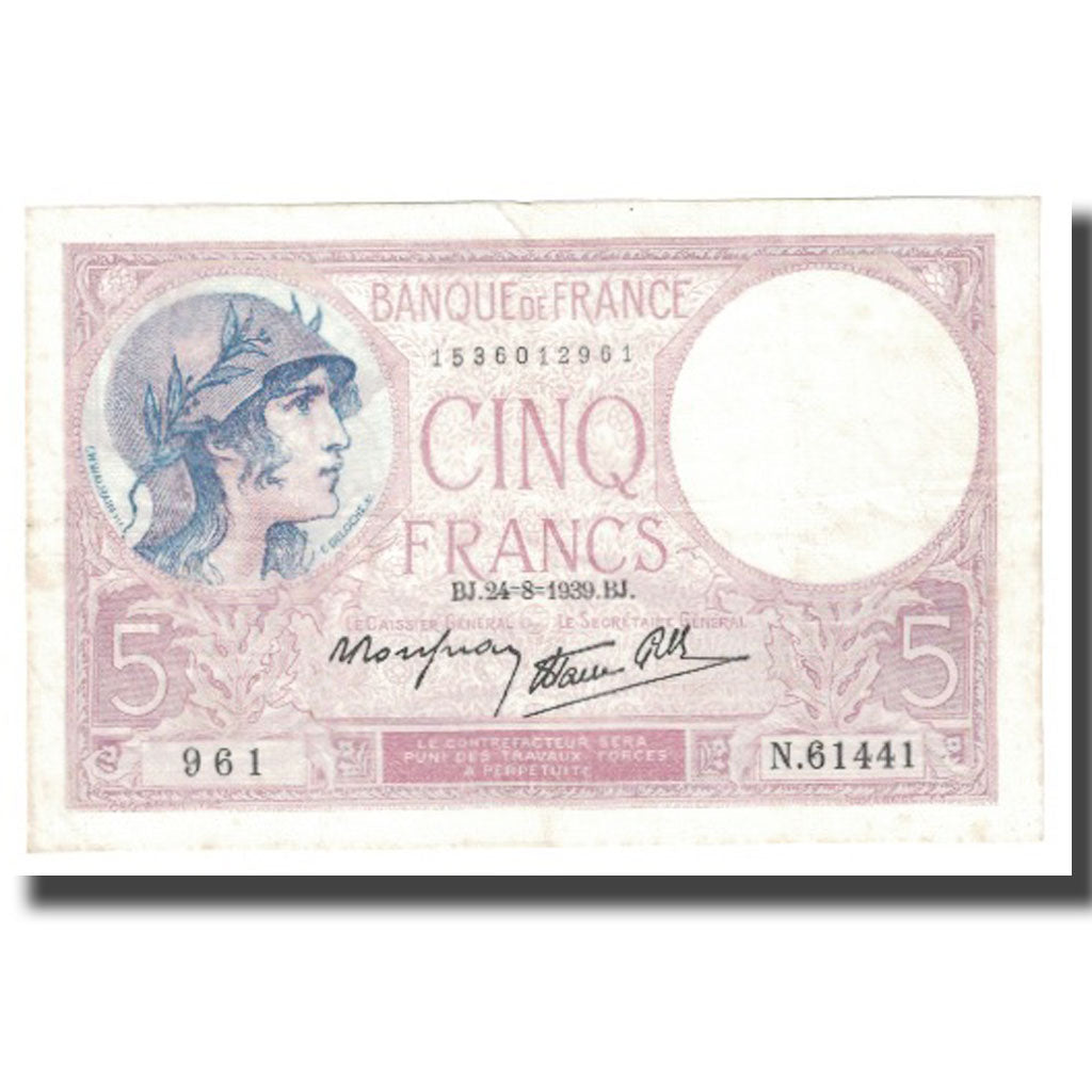 France, 5 Francs, Violet, 1939, 1939-08-24, AU(55-58), Fayette:4.7, KM:83