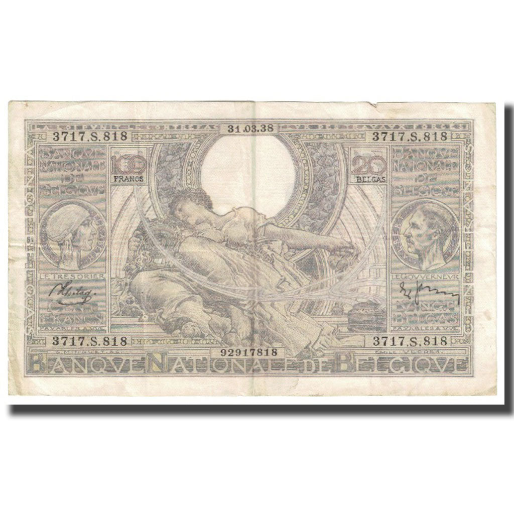 Banknote, Belgium, 100 Francs-20 Belgas, 1938, 1938-03-31, KM:107, VF(20-25)