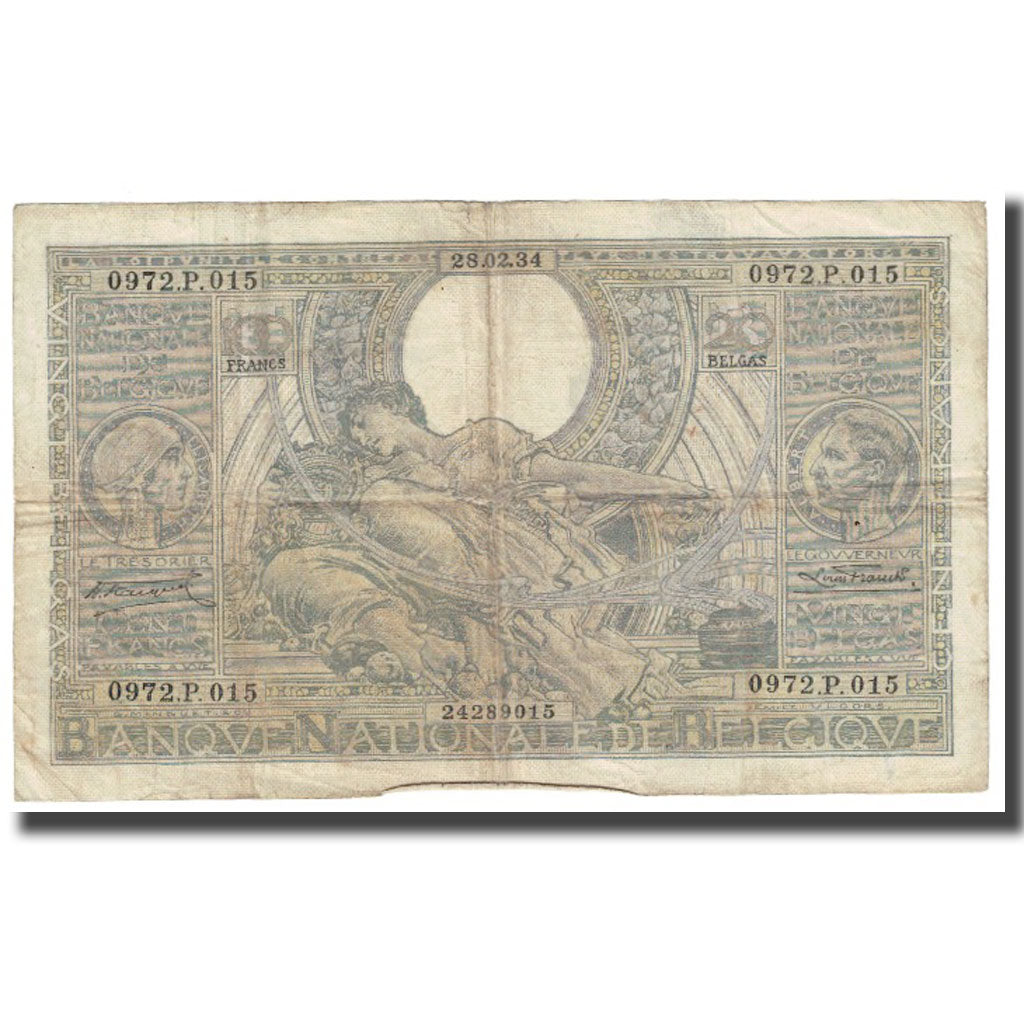 Banknote, Belgium, 100 Francs-20 Belgas, 1934, 1934-02-28, KM:107, VF(20-25)