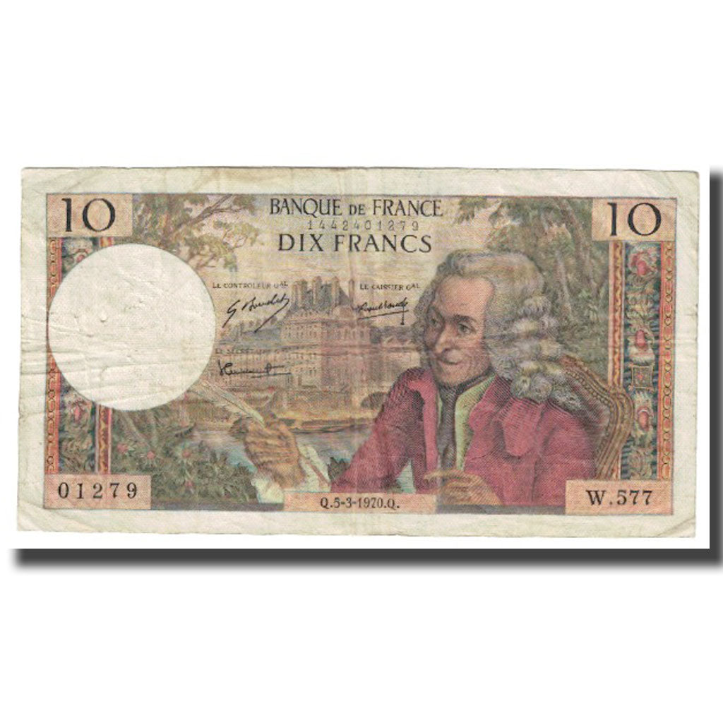 France, 10 Francs, Voltaire, 1970, 1970-03-05, VF(20-25), Fayette:62.43, KM:147c