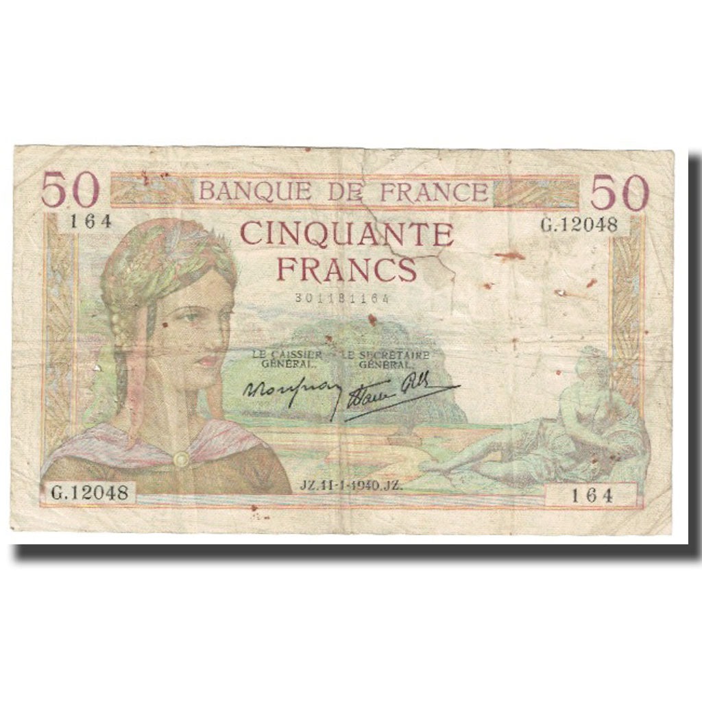 France, 50 Francs, Cérès, 1940, 1940-01-11, VF(20-25), Fayette:18.38, KM:85b