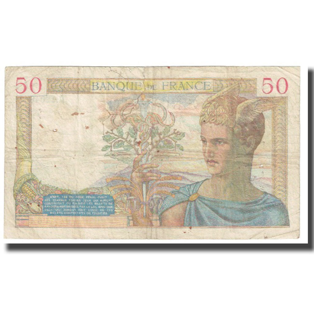 France, 50 Francs, Cérès, 1940, 1940-01-11, VF(20-25), Fayette:18.38, KM:85b
