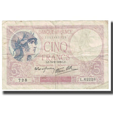 France, 5 Francs, Violet, 1939, 1939-09-14, VF(20-25), Fayette:04.08, KM:83