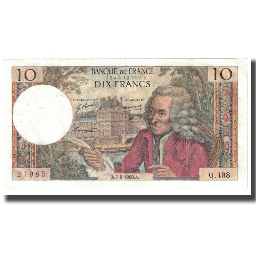 France, 10 Francs, Voltaire, 1969, 1969-08-07, AU(55-58), Fayette:62.36, KM:147c