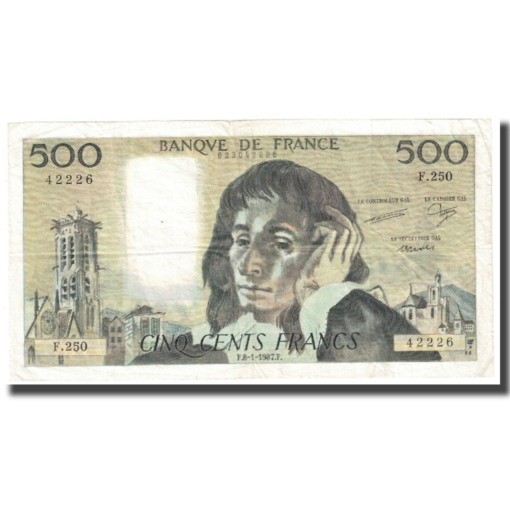 France, 500 Francs, Pascal, 1987, 1987-01-08, AU(55-58), Fayette:71.35, KM:156f