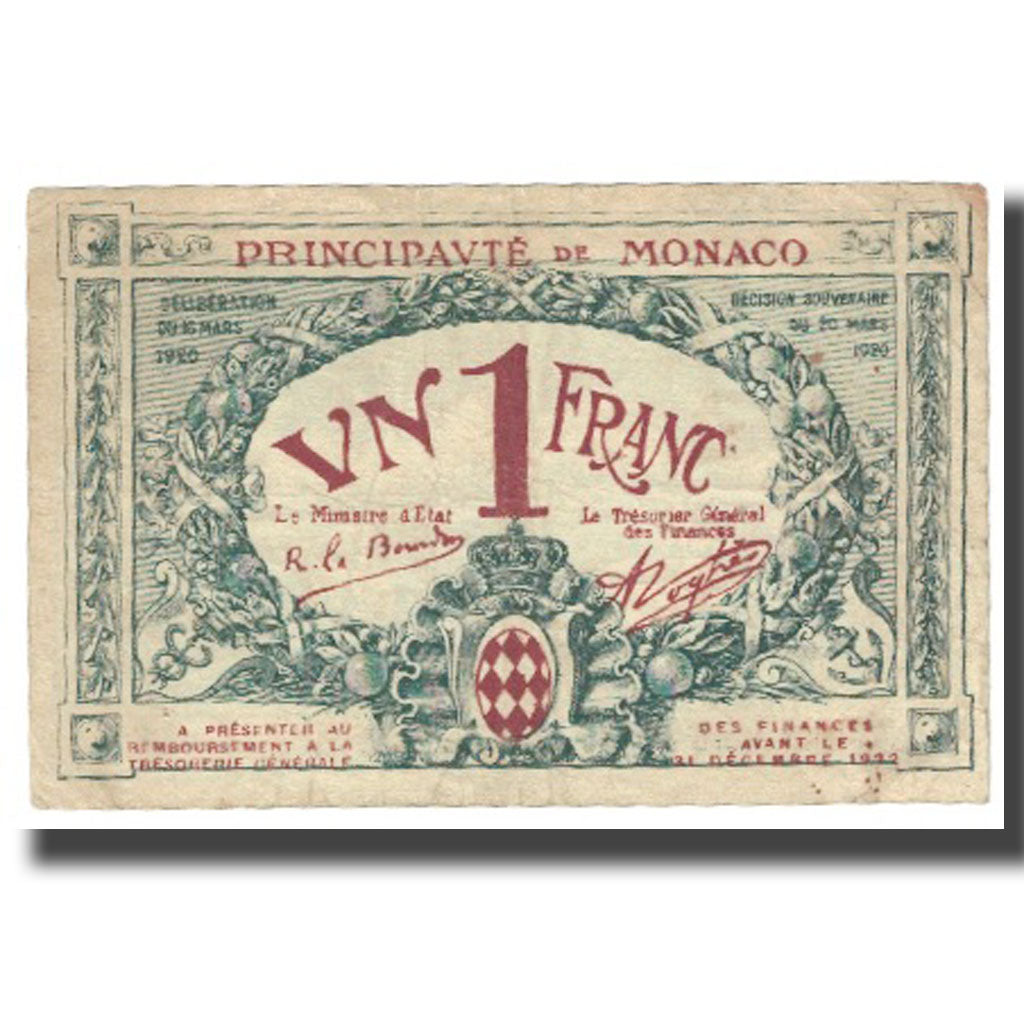 Geldschein, Monaco, 1 Franc, 1920, 1920-03-20, KM:5, S