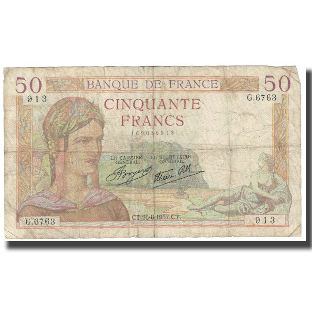France, 50 Francs, 1937, 1937-08-26, VF(20-25), Fayette:18, KM:85a