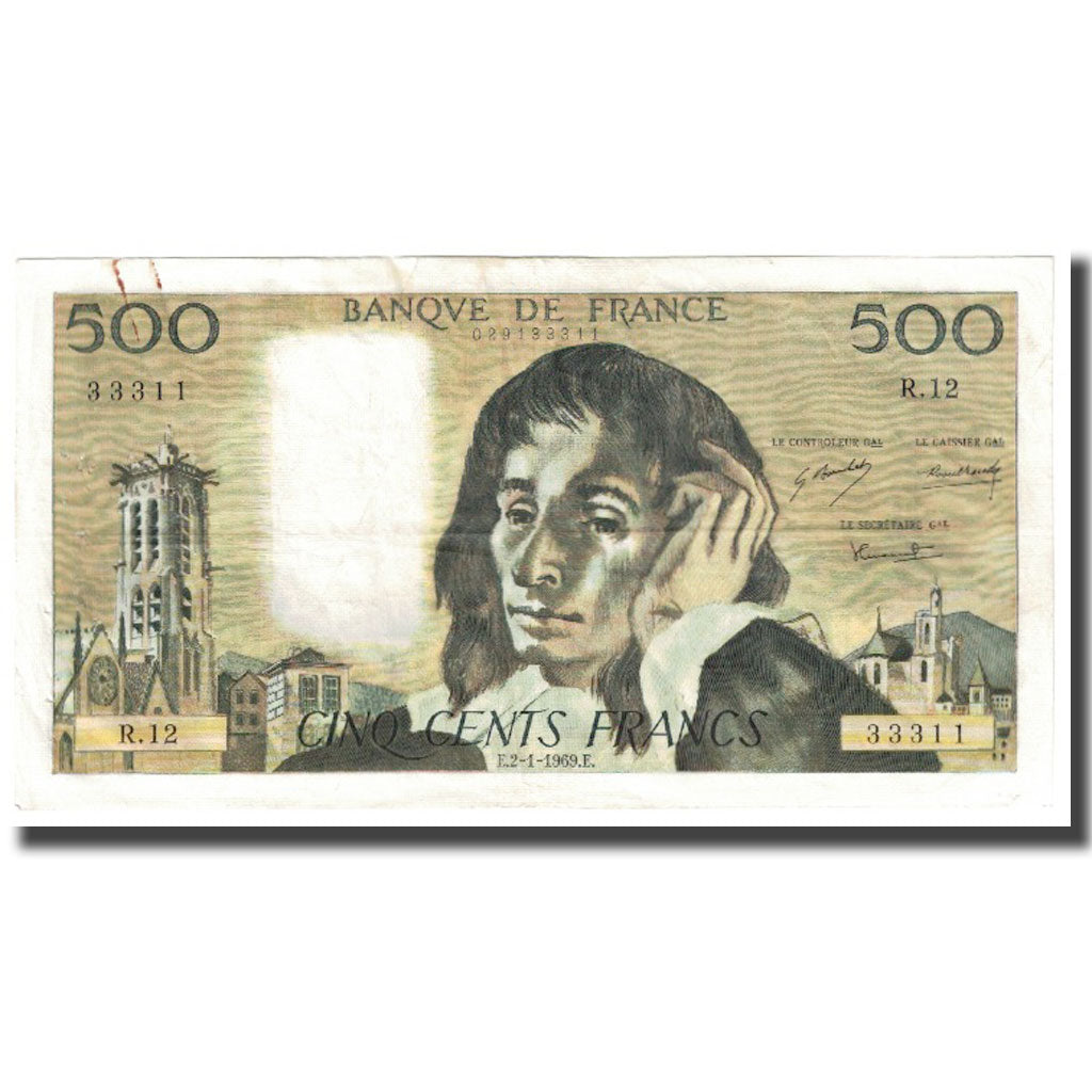 France, 500 Francs, Pascal, 1969, 1969-01-02, EF(40-45), Fayette:71.14, KM:156d