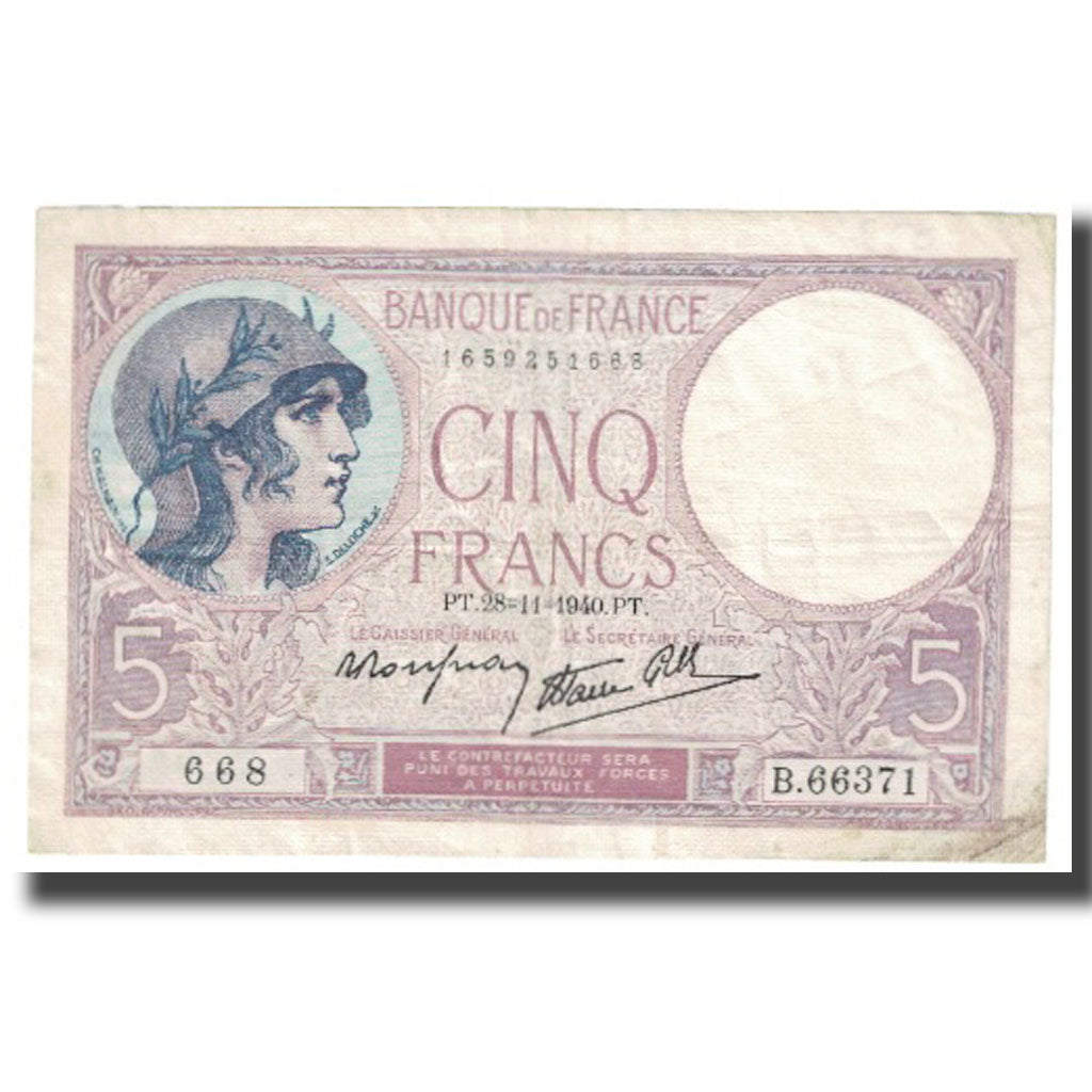 France, 5 Francs, Violet, 1940, 1940-11-28, TB, KM:72e