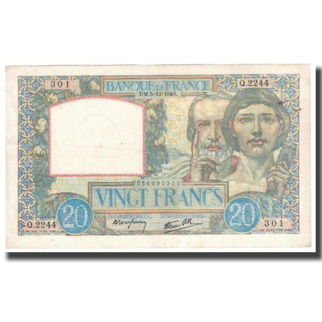 Francia, 20 Francs, Science et Travail, 1940, 1940-12-05, EBC, Fayette:26.32
