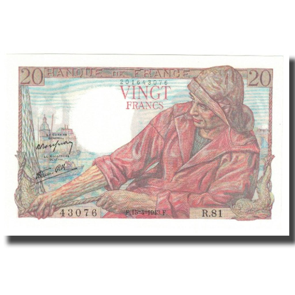 França, 20 Francs, Pêcheur, 1943, 1943-04-15, UNC(65-70), Fayette:13.6