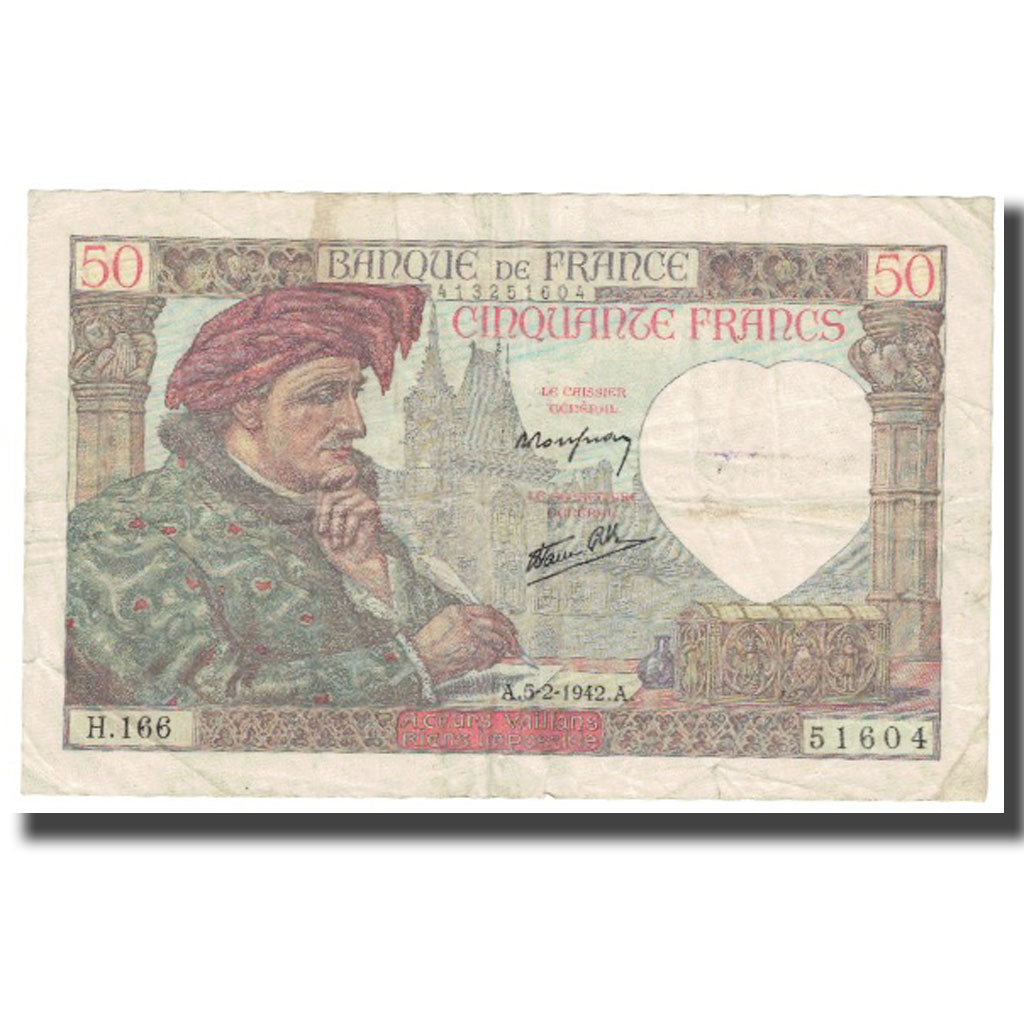 Francja, 50 Francs, Jacques Coeur, 1942, 1942-02-05, VF(20-25), Fayette:19.19