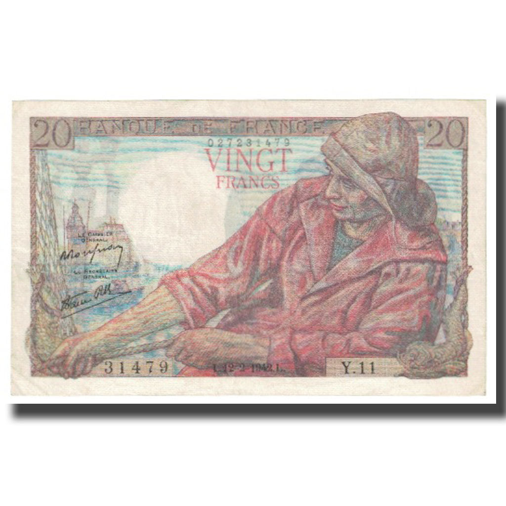 France, 20 Francs, Pêcheur, 1942, 1942-02-12, EF(40-45), Fayette:13, KM:100a