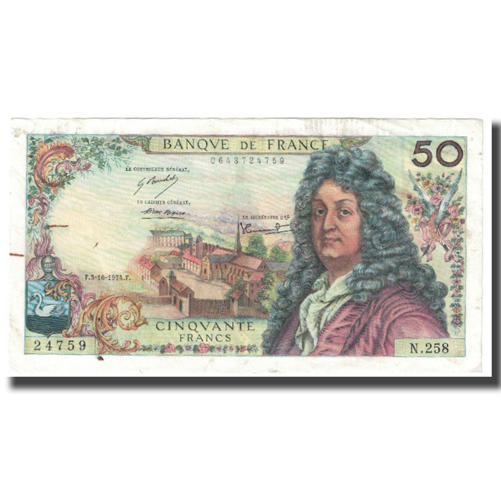 France, 50 Francs, Racine, 1974, 1974-10-03, EF(40-45), Fayette:64.27, KM:148d