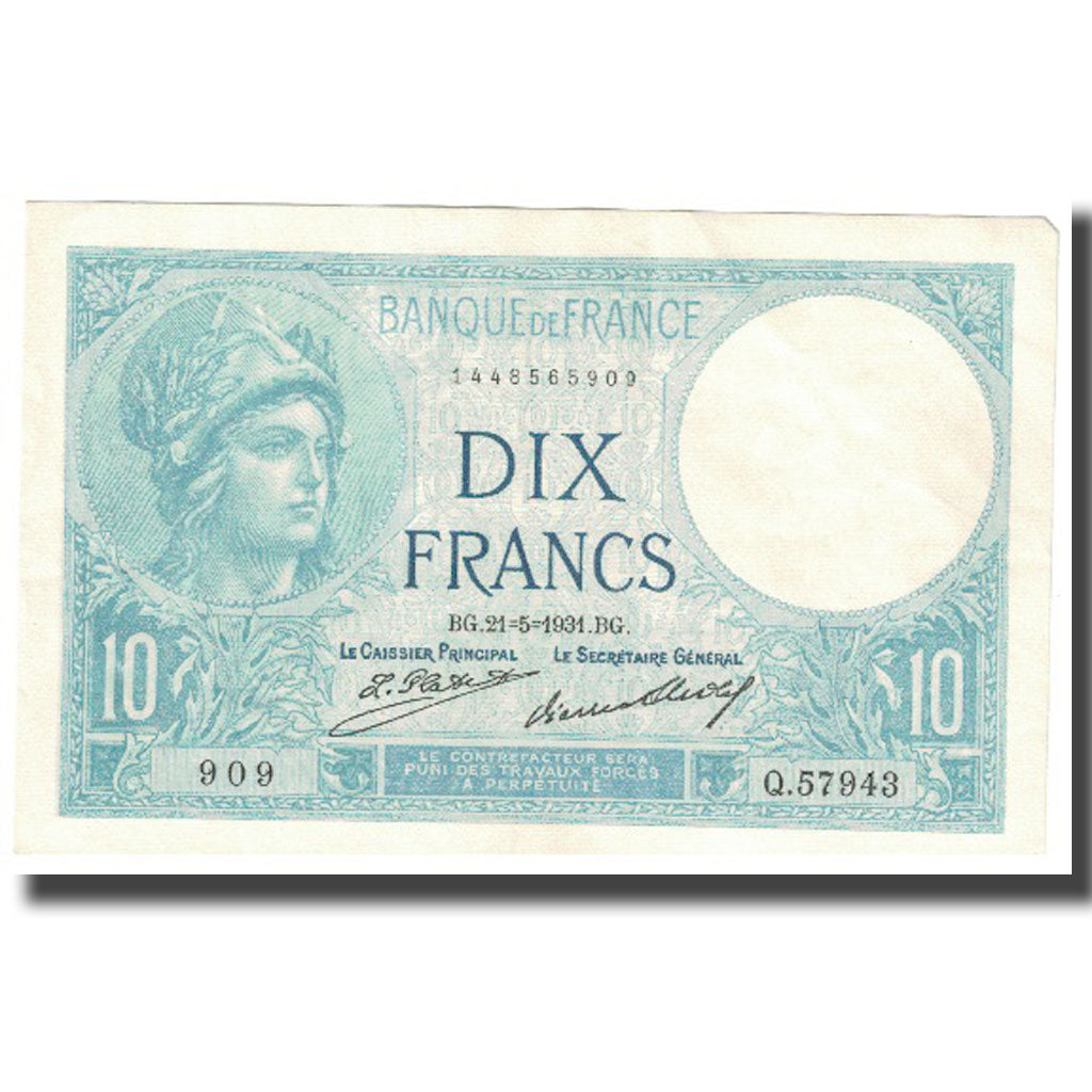 França, 10 Francs, Minerve, 1931, AU(55-58), Fayette:6.15, KM:73d