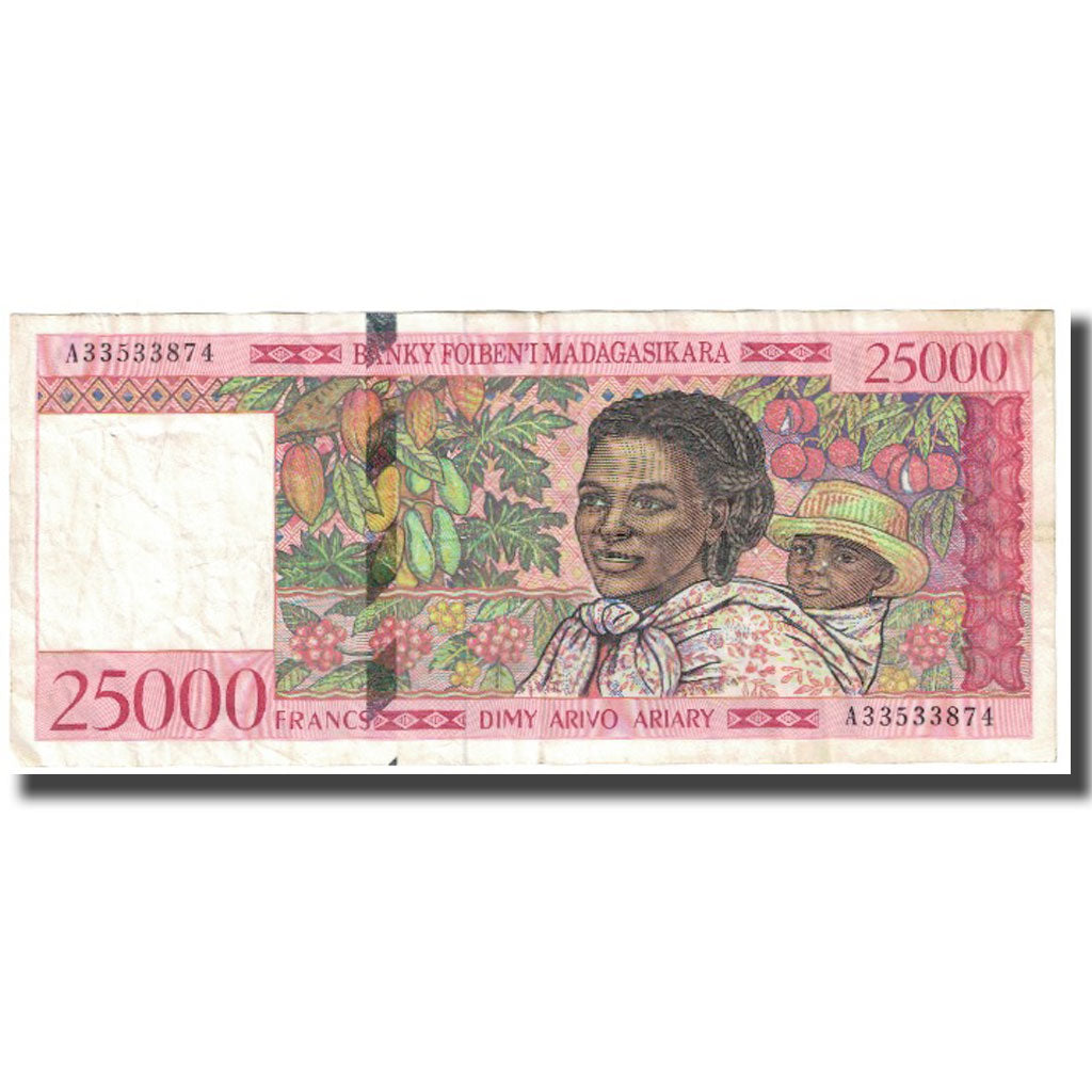 Banknote, Madagascar, 25,000 Francs = 5000 Ariary, KM:82, EF(40-45)