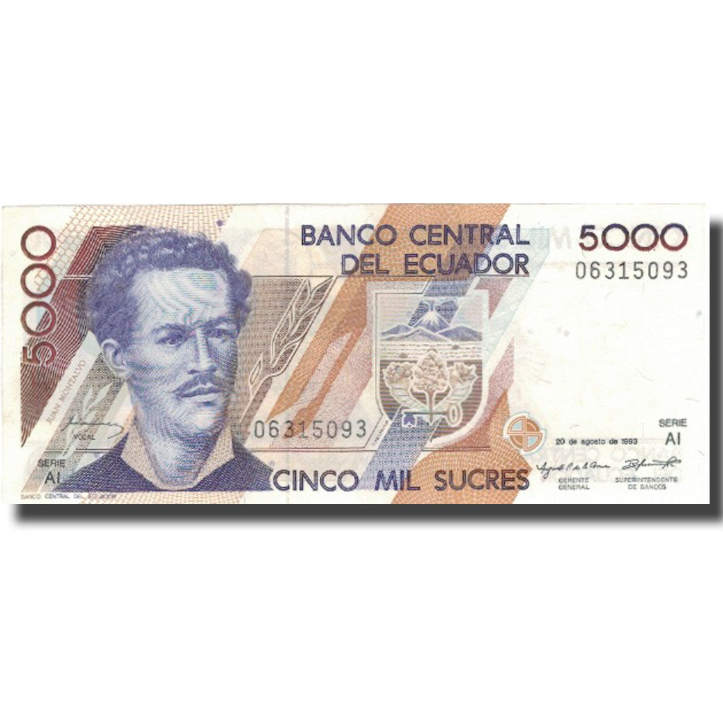 Banknote, Ecuador, 5000 Sucres, 1993, 1993-08-20, KM:128a, UNC(65-70)