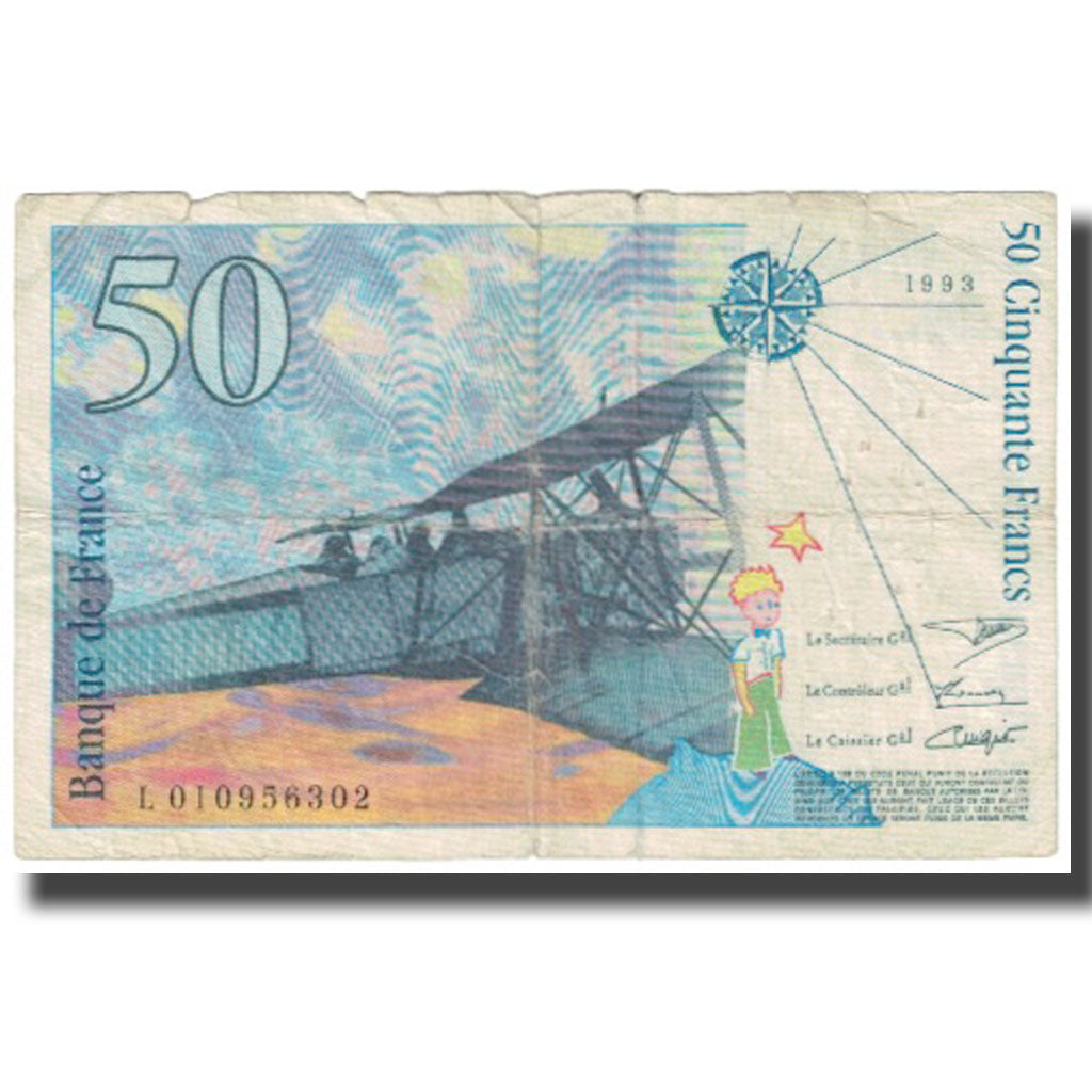 France, 50 Francs, St Exupéry, 1993, 1993, VG(8-10), Fayette:F72.02, KM:157Aa