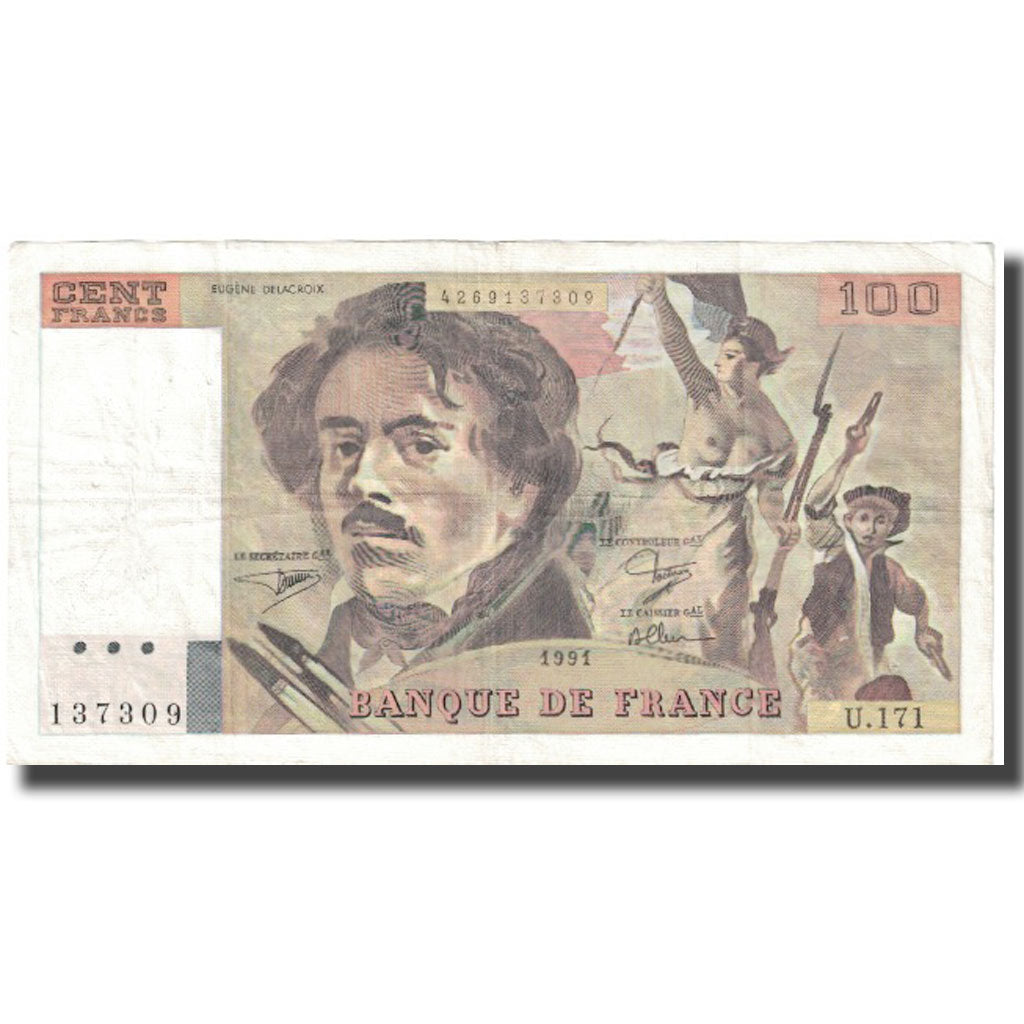 France, 100 Francs, Delacroix, 1991, 1991, VF(30-35), Fayette:69bis.3a3, KM:154e