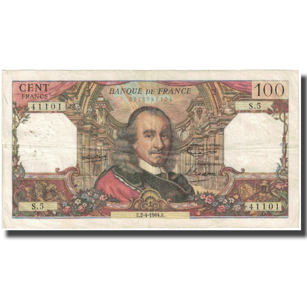 França, 100 Francs, Corneille, 1964, 1964-04-02, VF(20-25), Fayette:F65.01