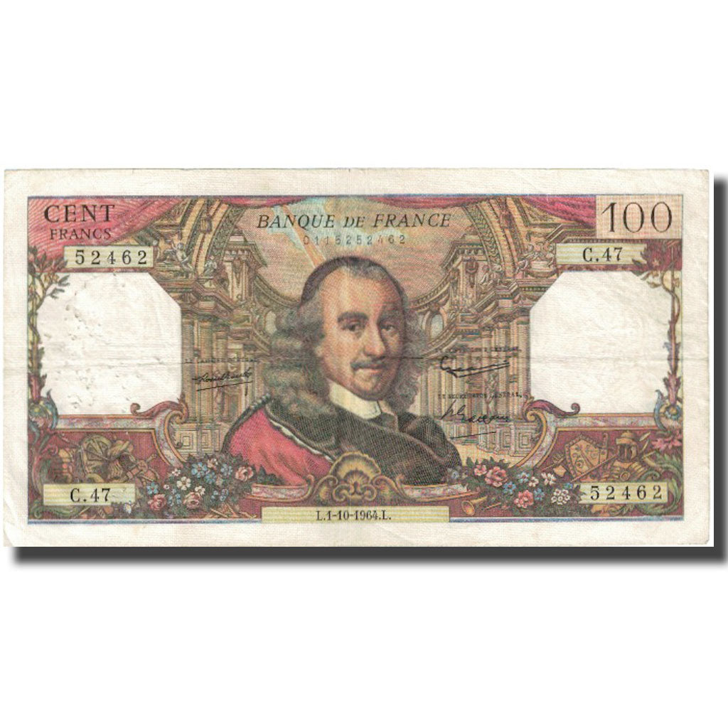 França, 100 Francs, Corneille, 1964, 1964-10-01, VF(20-25), Fayette:65.4