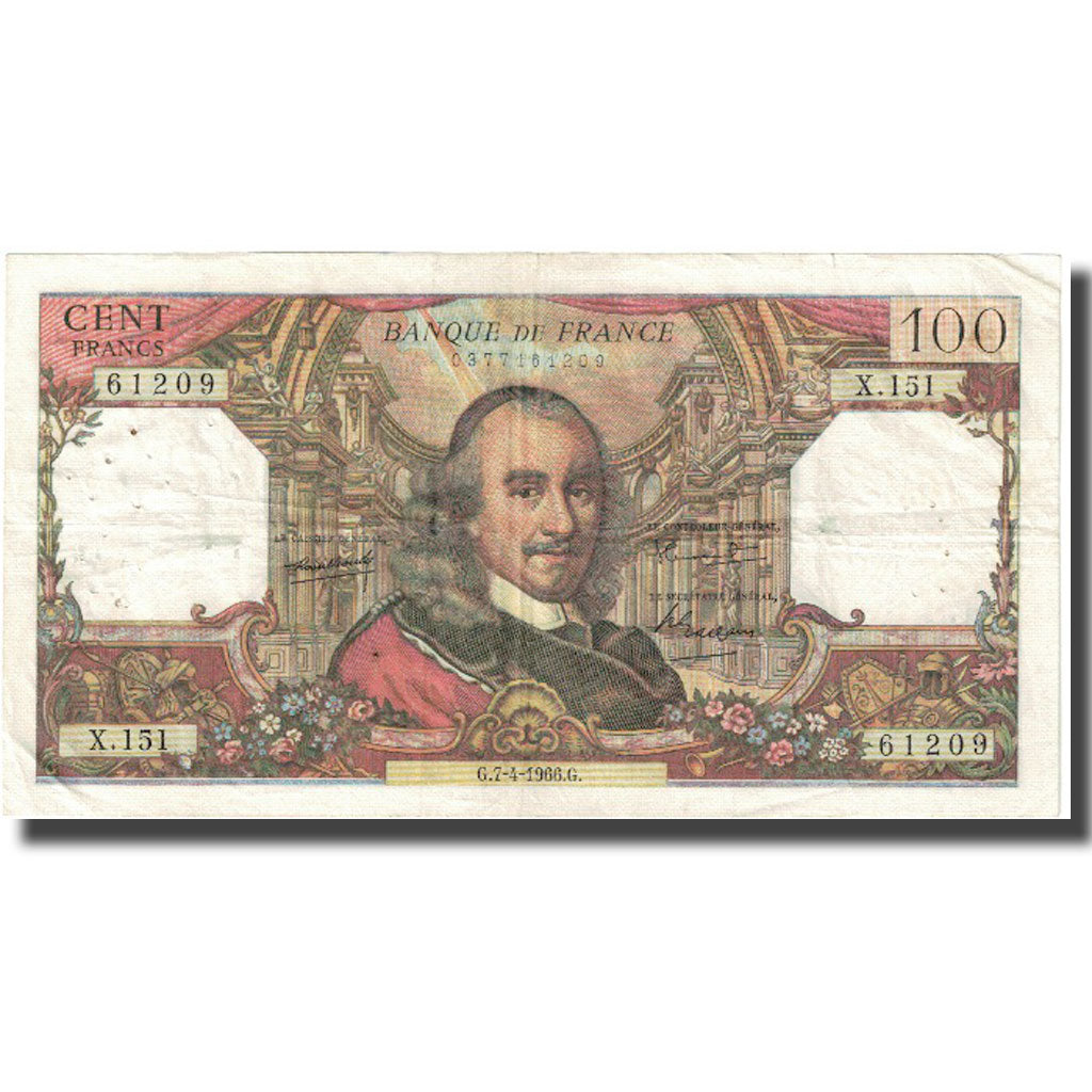 França, 100 Francs, Corneille, 1966, 1966-04-07, VF(20-25), Fayette:65.12