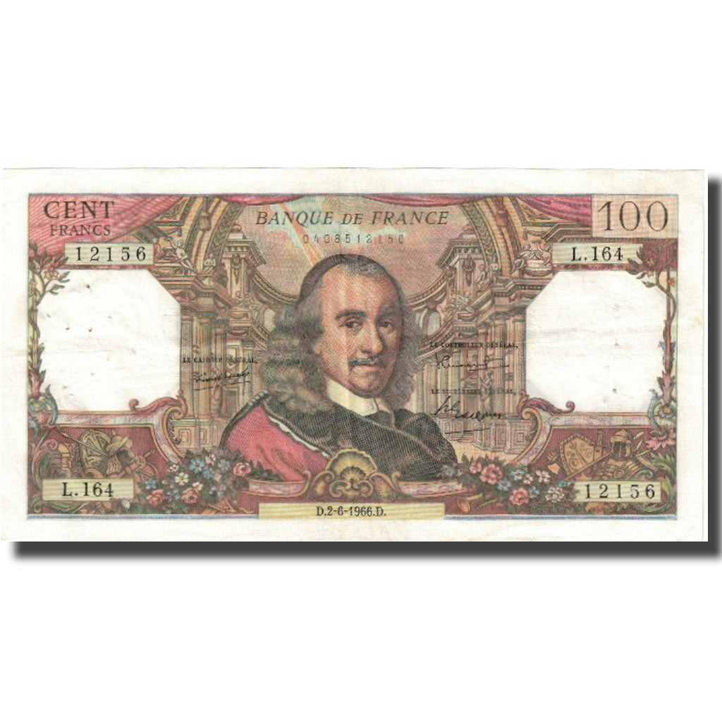 França, 100 Francs, Corneille, 1966, 1966-06-02, VF(20-25), Fayette:65.13