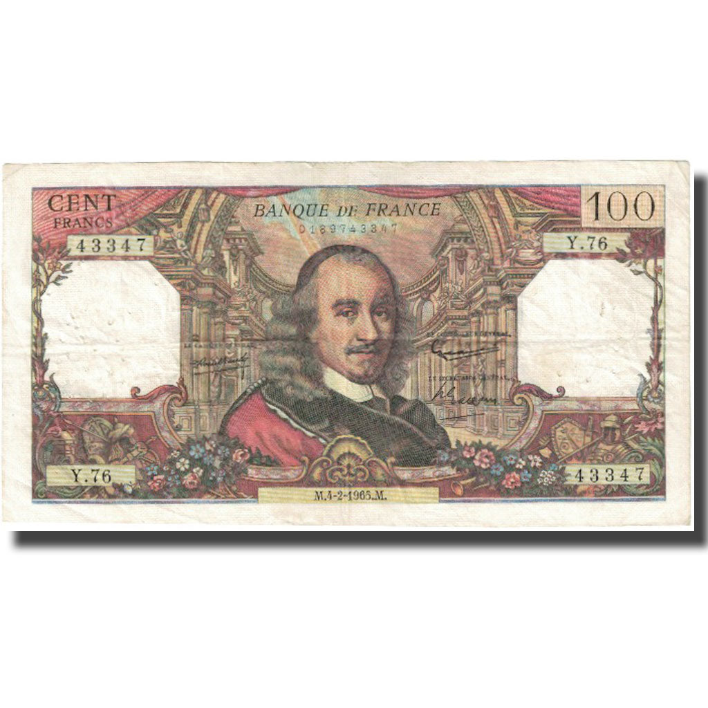 França, 100 Francs, Corneille, 1965, 1965-02-04, VF(20-25), Fayette:65.06