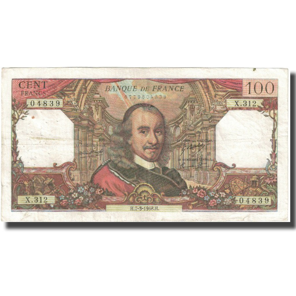 France, 100 Francs, Corneille, 1968, 1968-03-07, TB, Fayette:65.21, KM:149c