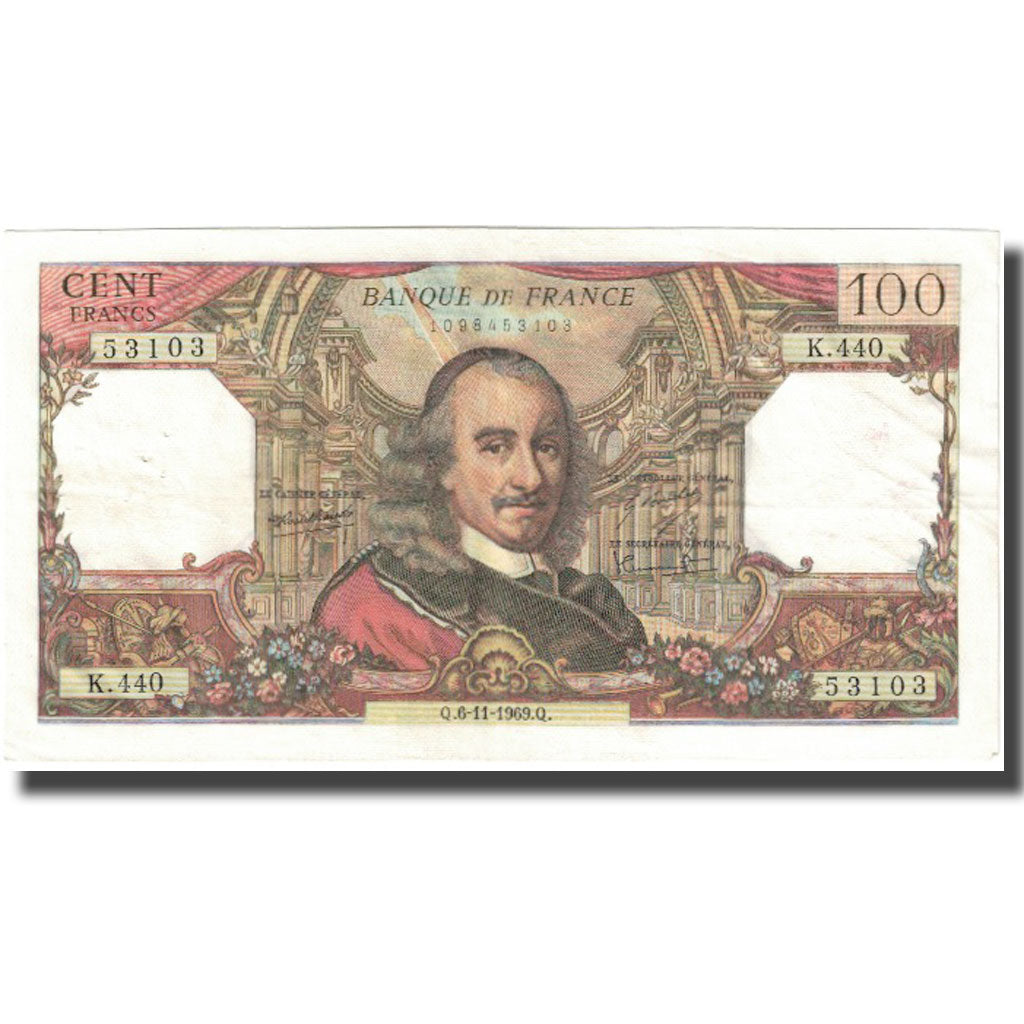 France, 100 Francs, Corneille, 1969, 1969-11-06, VF(20-25), Fayette:65.28