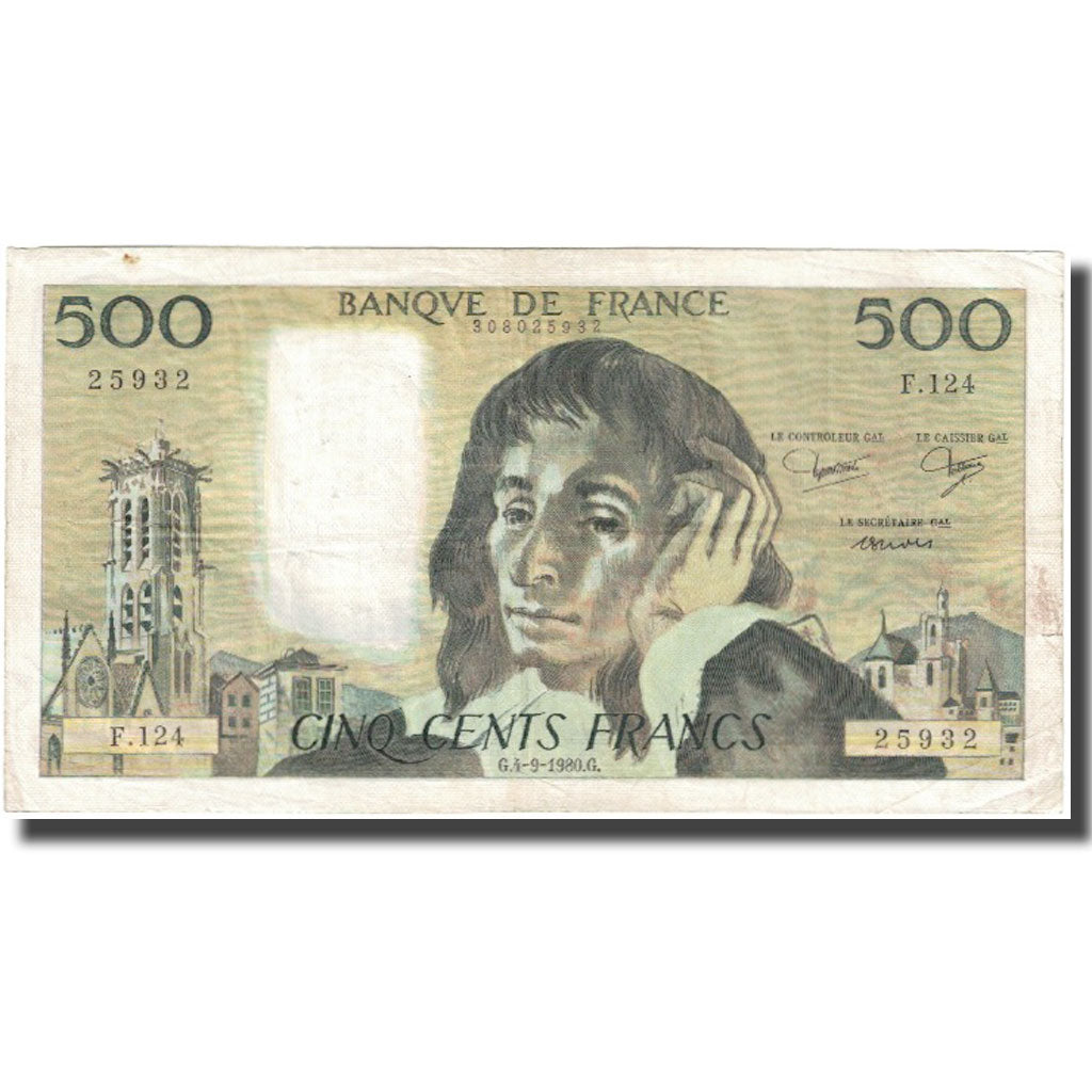 France, 500 Francs, Pascal, 1980, 1980-09-04, VF(20-25), Fayette:71.22, KM:156e