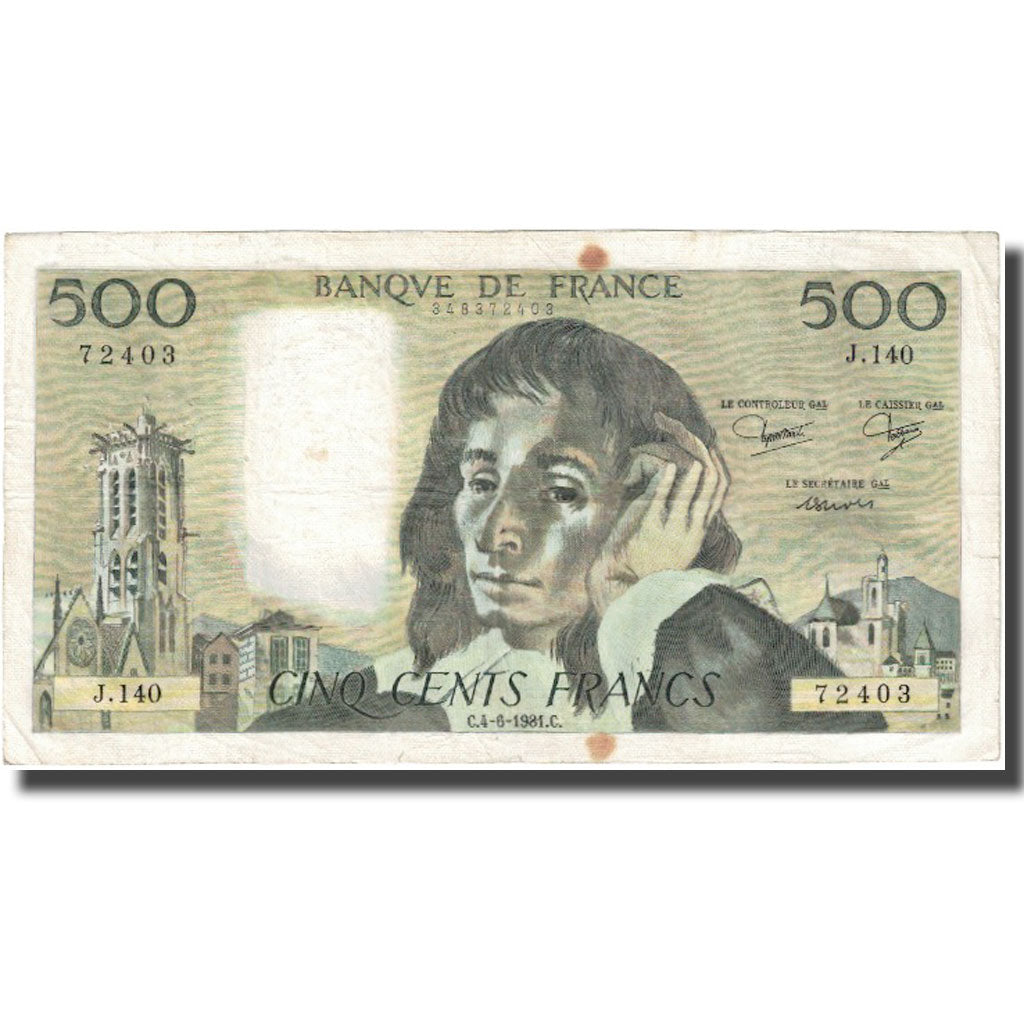France, 500 Francs, Pascal, 1981, 1981-06-04, VF(20-25), Fayette:71.24, KM:156e