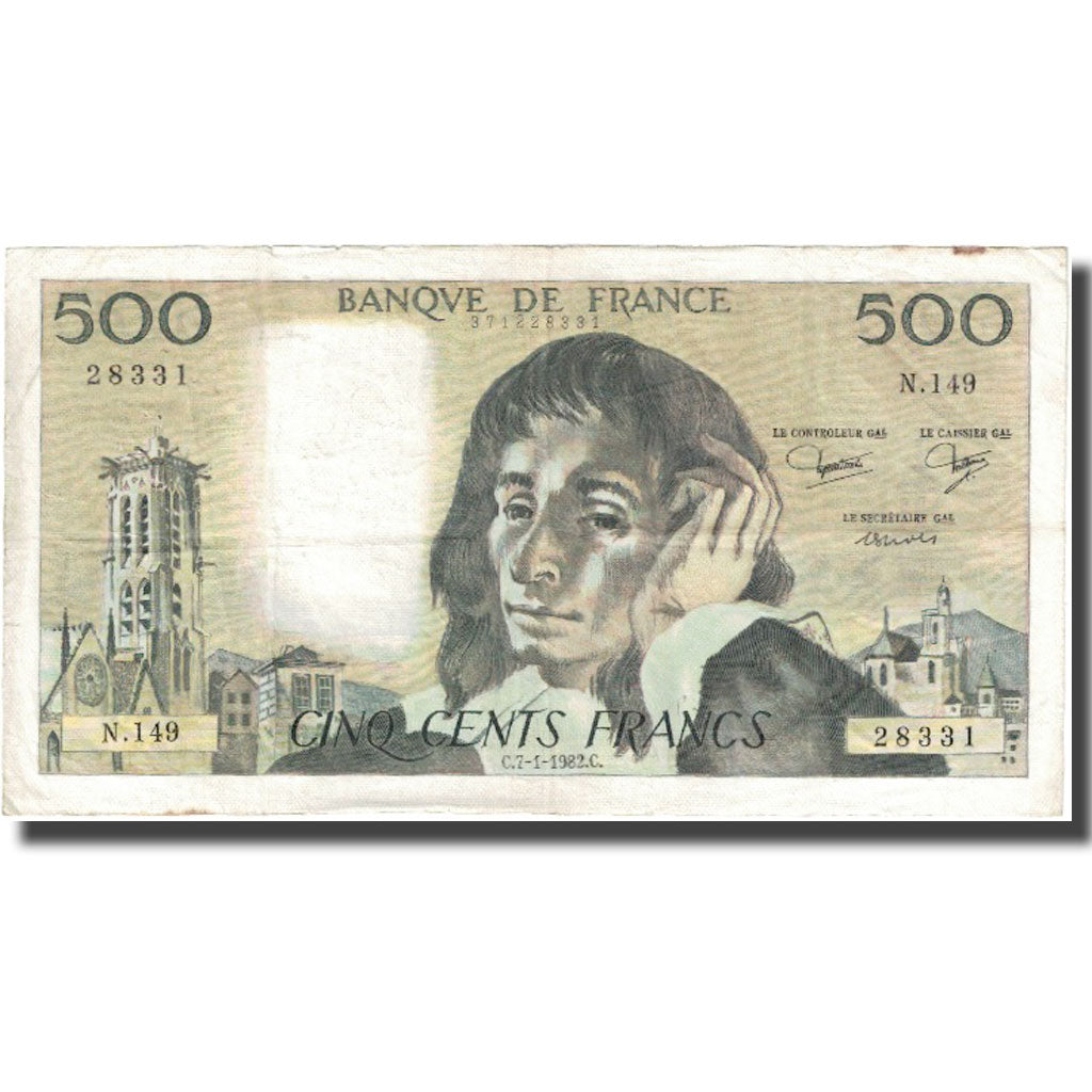 France, 500 Francs, Pascal, 1982, 1982-01-07, VF(20-25), Fayette:71.26, KM:156e