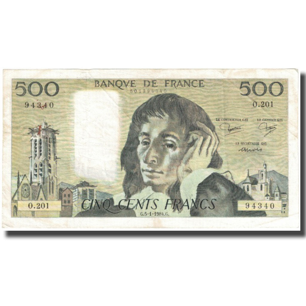 France, 500 Francs, Pascal, 1984, 1984-01-05, VF(20-25), Fayette:71.30, KM:156e