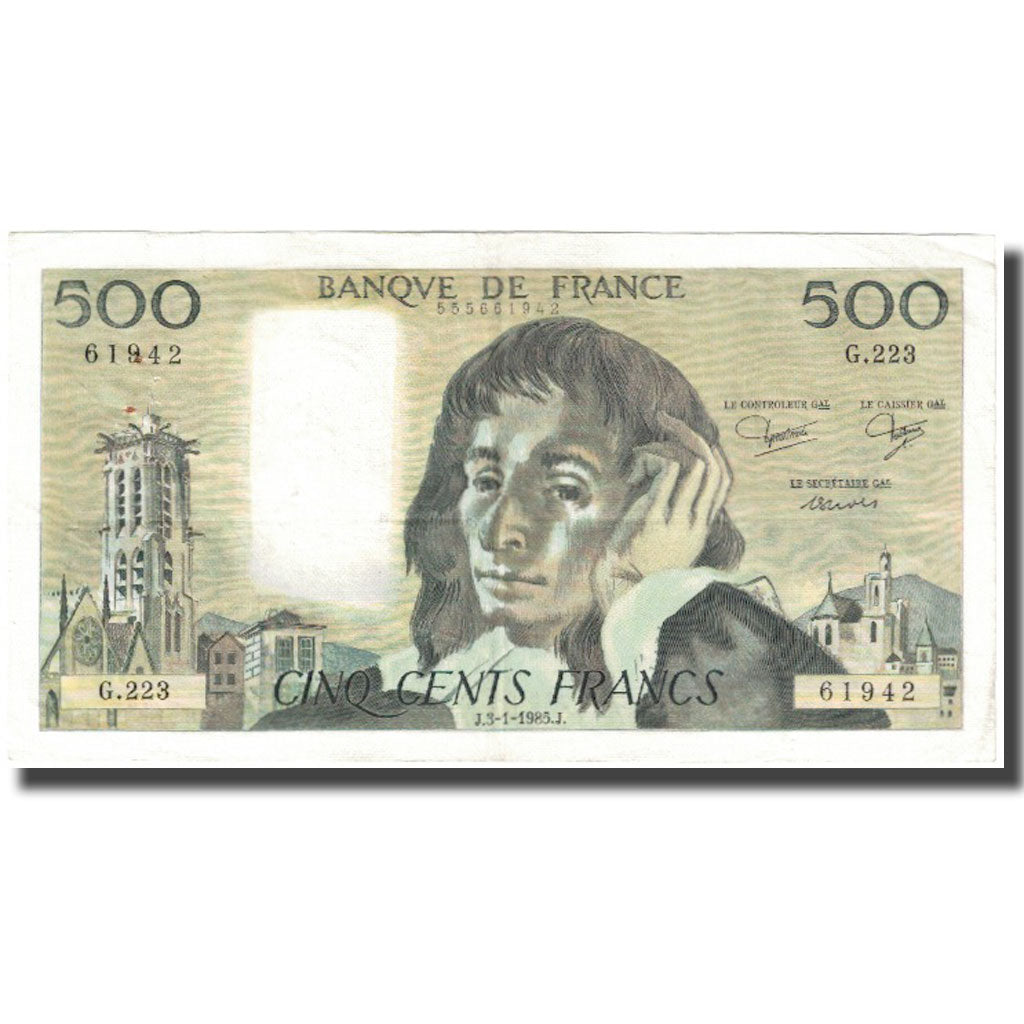 France, 500 Francs, Pascal, 1985, 1985-01-03, VF(20-25), Fayette:71.32, KM:156e