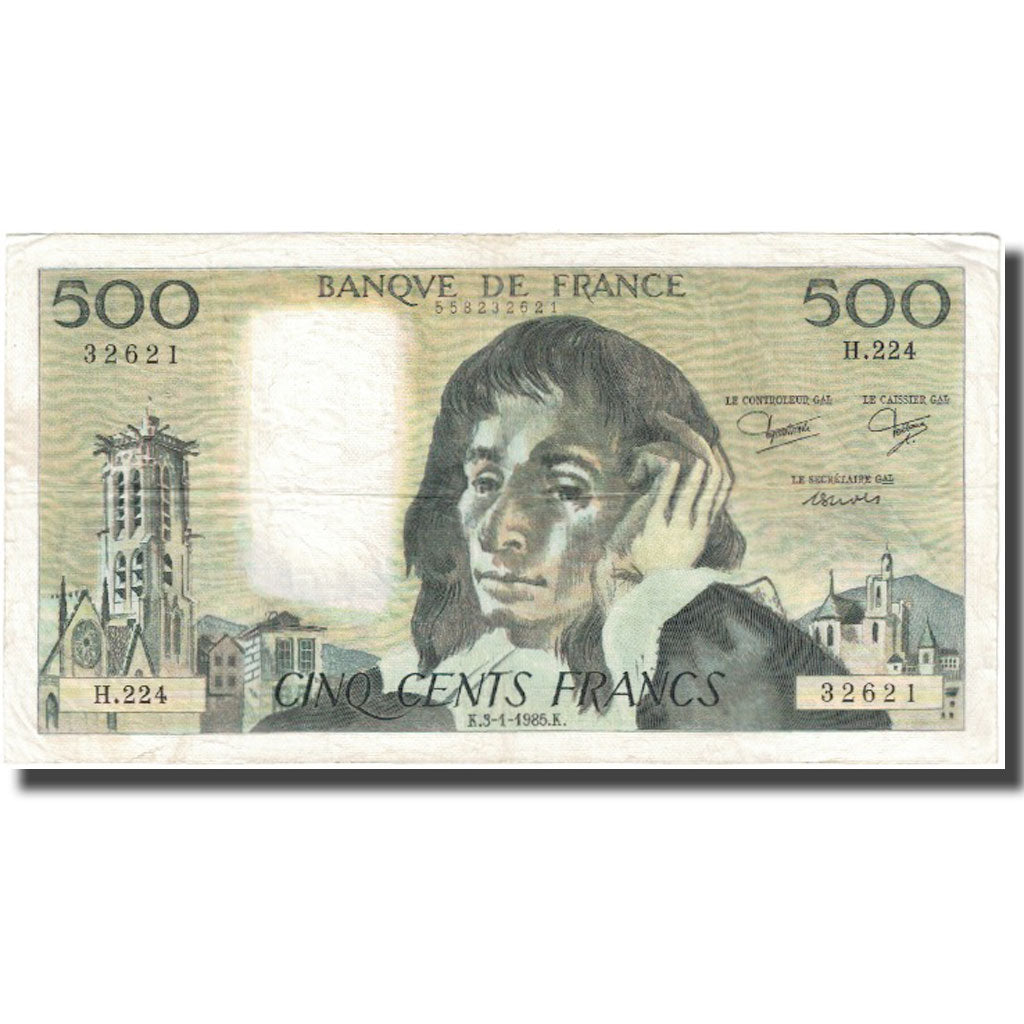 França, 500 Francs, Pascal, 1985, 1985-01-03, VF(20-25), Fayette:71.32, KM:156e