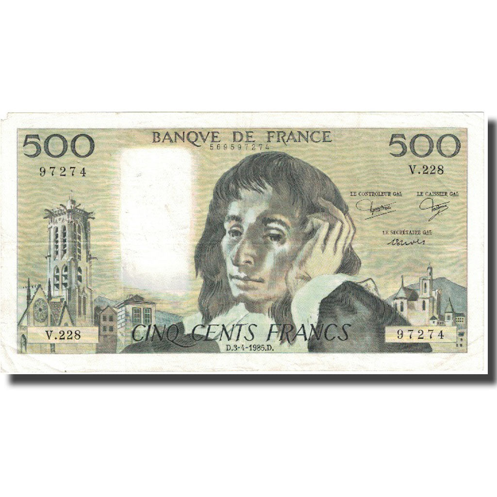 França, 500 Francs, Pascal, 1985, 1985-04-03, VF(20-25), Fayette:71.33, KM:156e