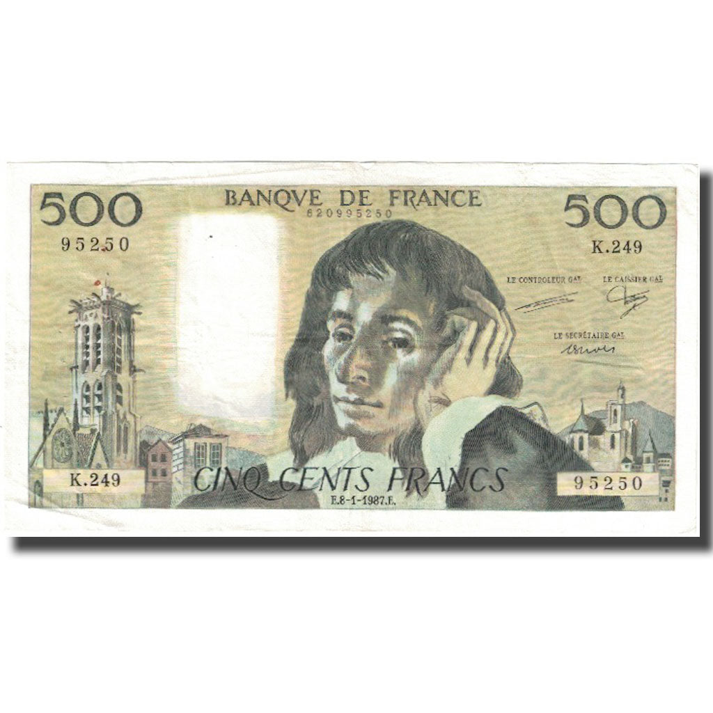 France, 500 Francs, Pascal, 1987, 1987-01-08, VF(20-25), Fayette:71.35, KM:156f