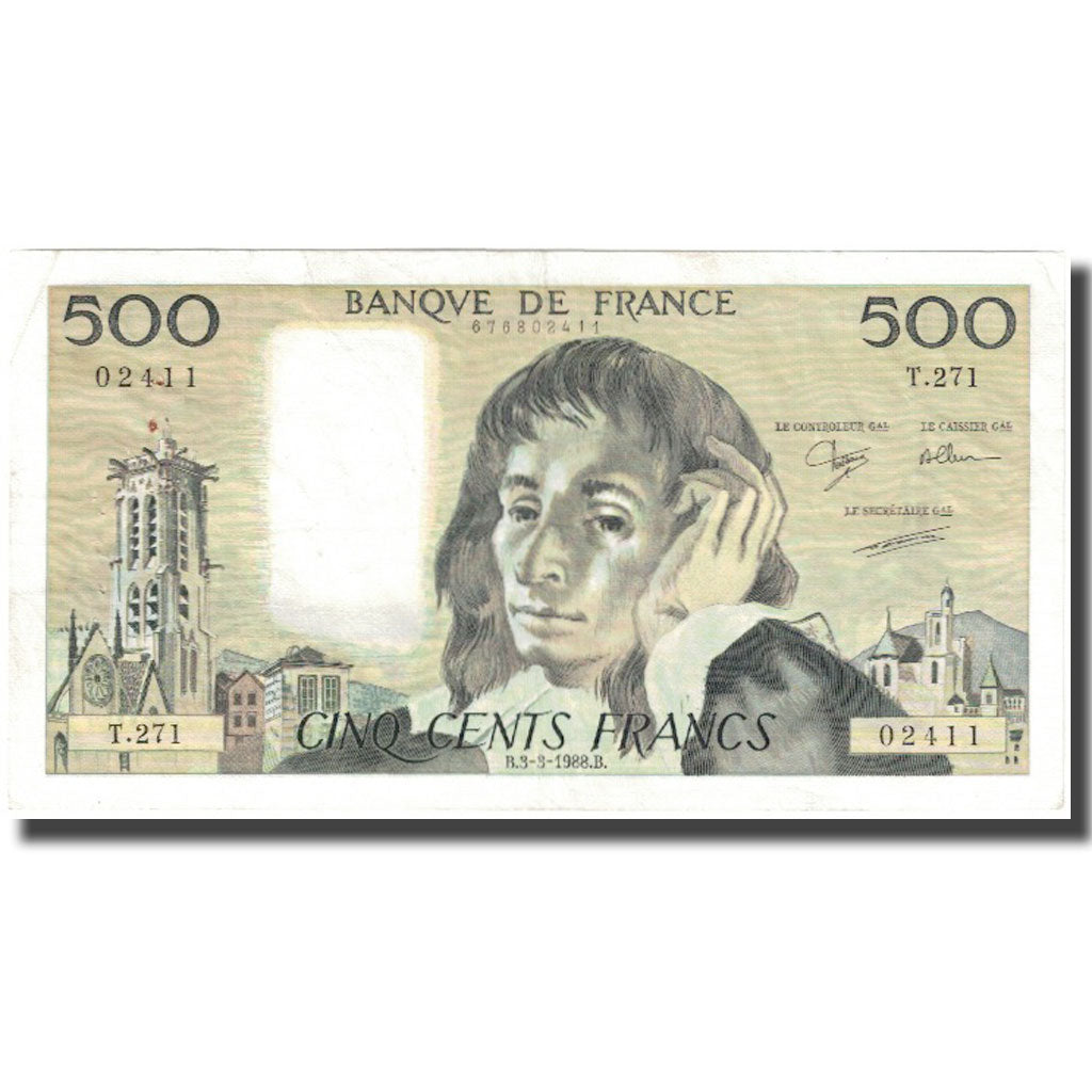 Francia, 500 Francs, Pascal, 1988, 1988-03-03, BC, Fayette:71.38, KM:156g