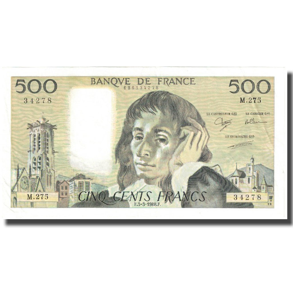França, 500 Francs, Pascal, 1988, 1988-03-03, VF(20-25), Fayette:71.38, KM:156g