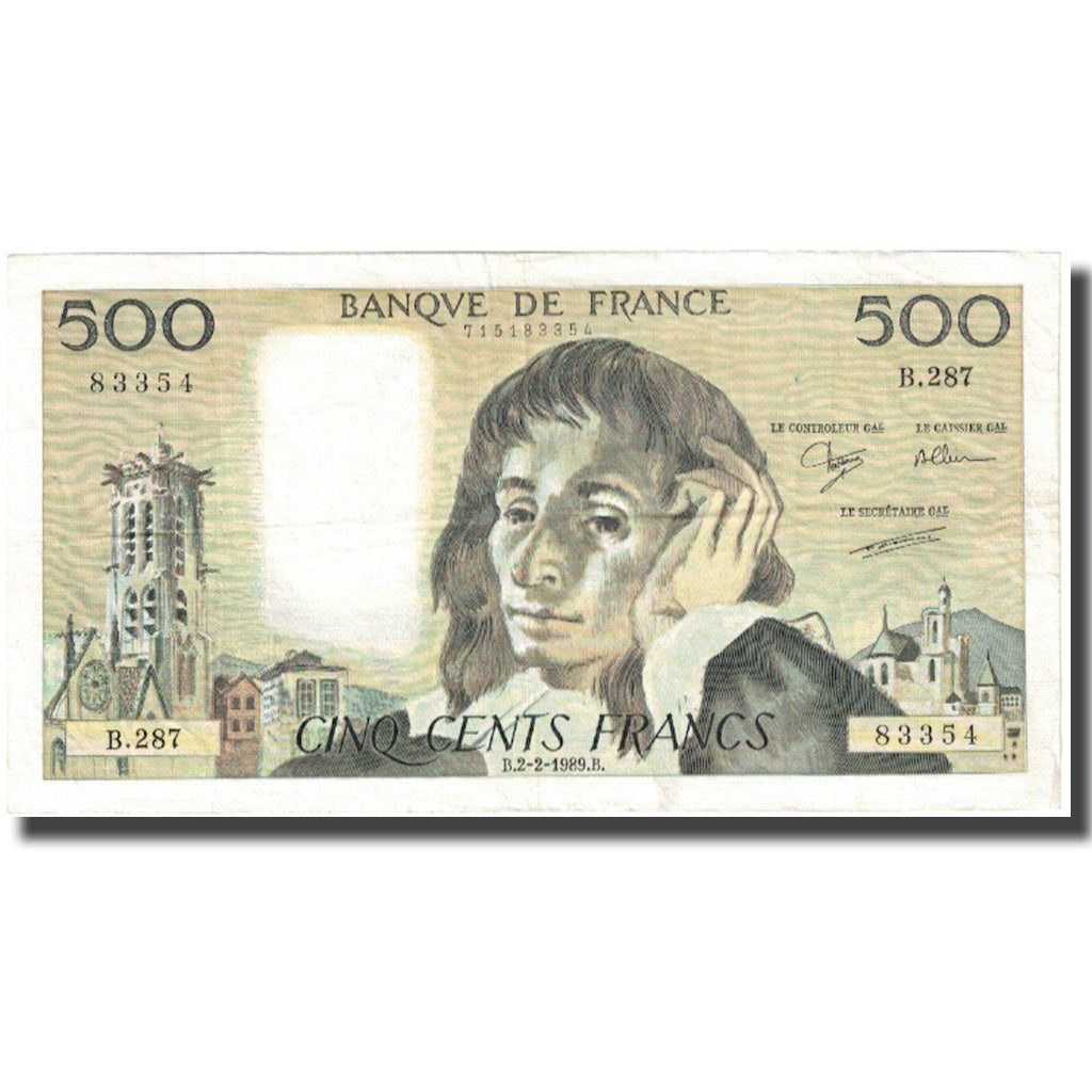 France, 500 Francs, Pascal, 1989, 1989-02-02, VF(20-25), Fayette:71.40, KM:156g