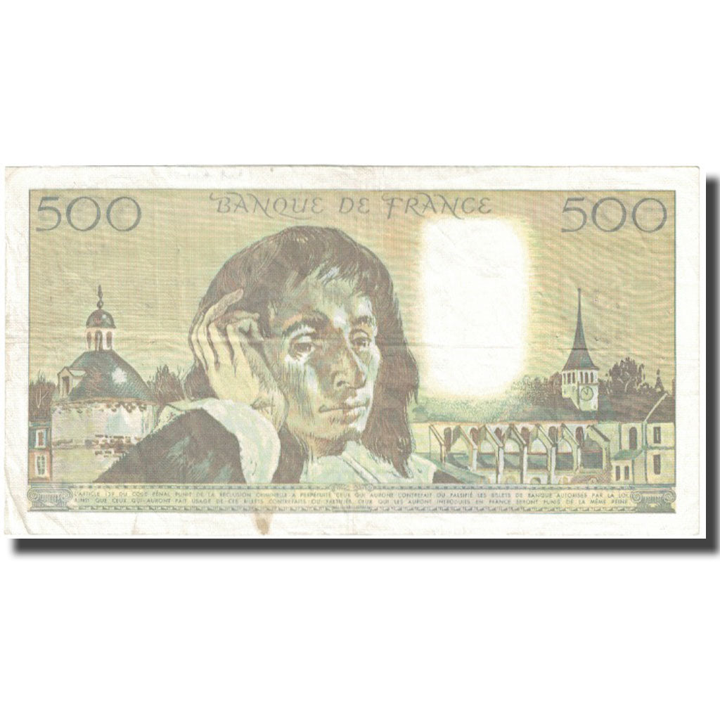 France, 500 Francs, Pascal, 1989, 1989-02-02, VF(20-25), Fayette:71.40, KM:156g