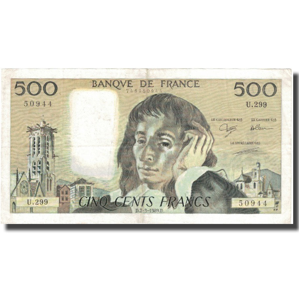 Francia, 500 Francs, Pascal, 1989, 1989-03-02, BC, Fayette:71.41, KM:156g